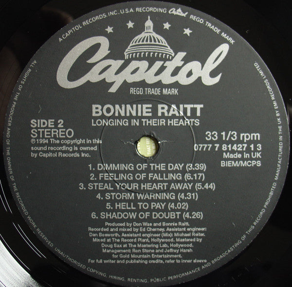 Bonnie Raitt : Longing In Their Hearts (LP, Album)