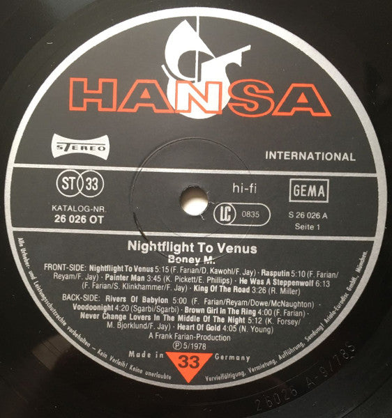 Boney M. : Nightflight To Venus (LP, Album, Fou)
