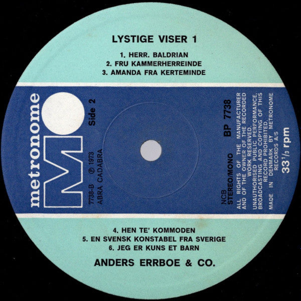 Anders Errboe & Co. : Lystige Viser I (LP, Album, RE, Non)
