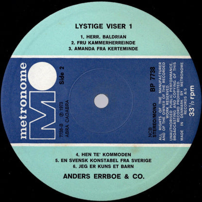 Anders Errboe & Co. : Lystige Viser I (LP, Album, RE, Non)