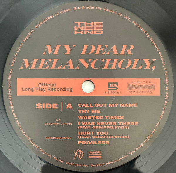 The Weeknd : My Dear Melancholy, (LP, S/Sided, EP, Etch, RE, RP, 180)