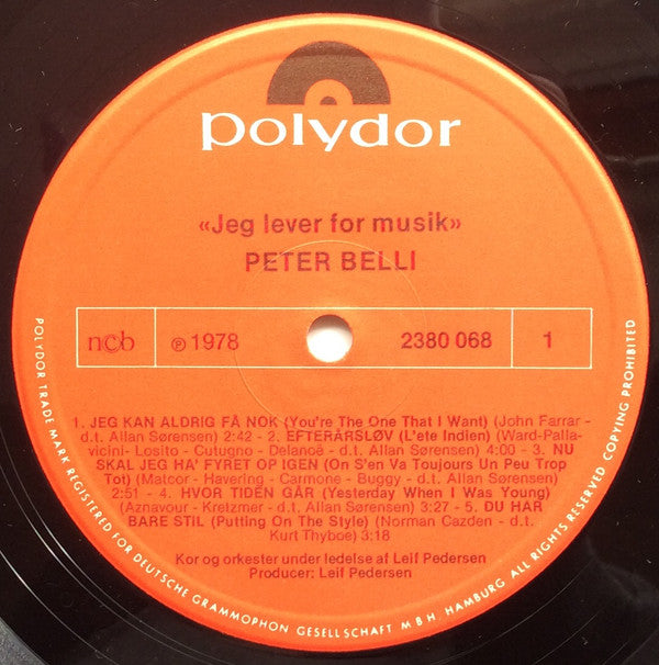 Peter Belli : Jeg Lever For Musik (LP, Album)