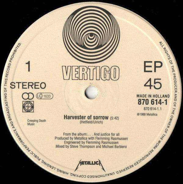 Metallica : Harvester Of Sorrow (12", EP)