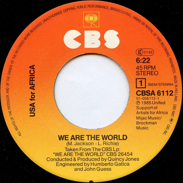 USA For Africa : We Are The World (7", Single)