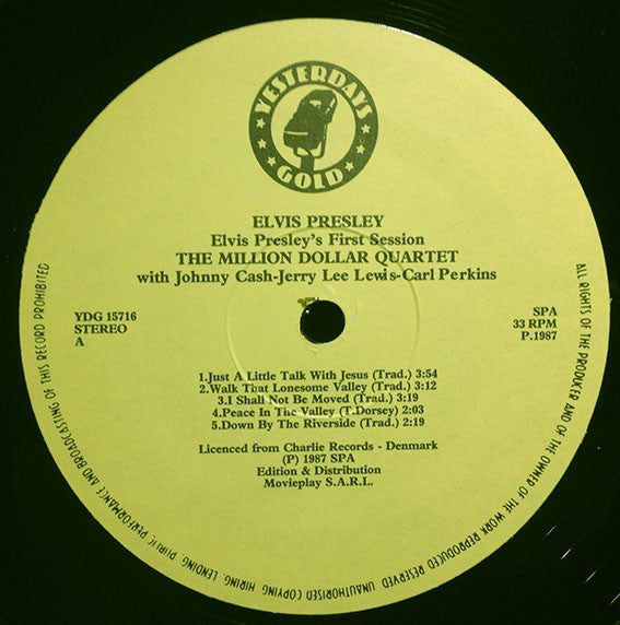 Elvis Presley, Jerry Lee Lewis, Carl Perkins, Johnny Cash : Elvis Presley's First Session The Million Dollar Quartet (LP, Album, RE)
