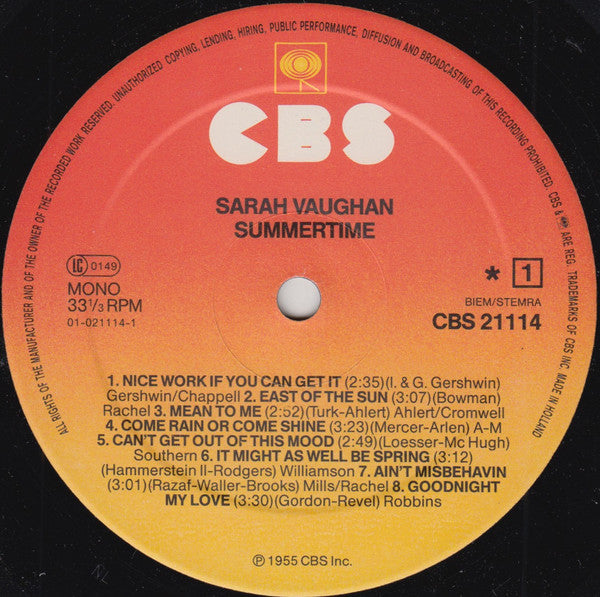 Sarah Vaughan : Summertime (LP, Comp, Mono)