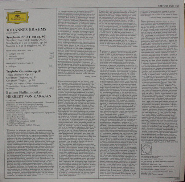 Johannes Brahms, Berliner Philharmoniker · Herbert von Karajan : Symphonie No. 3 / Tragische Ouvertüre (LP)
