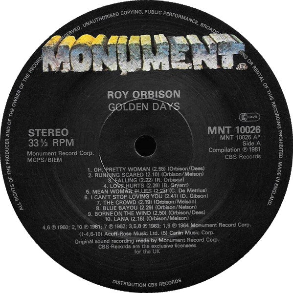 Roy Orbison : Golden Days (The Collection Of 20 All-Time Greats) (LP, Comp)