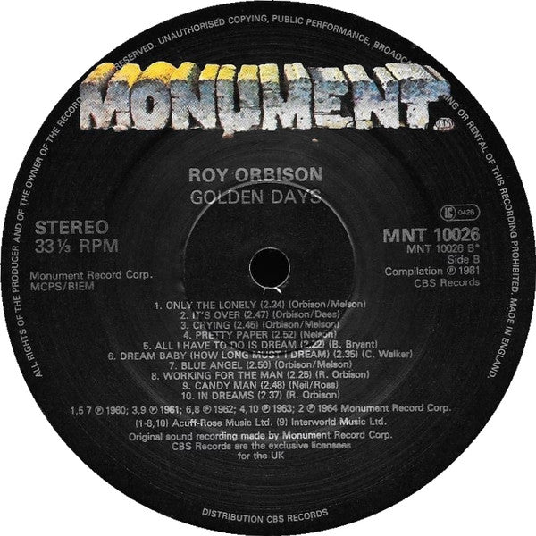 Roy Orbison : Golden Days (The Collection Of 20 All-Time Greats) (LP, Comp)