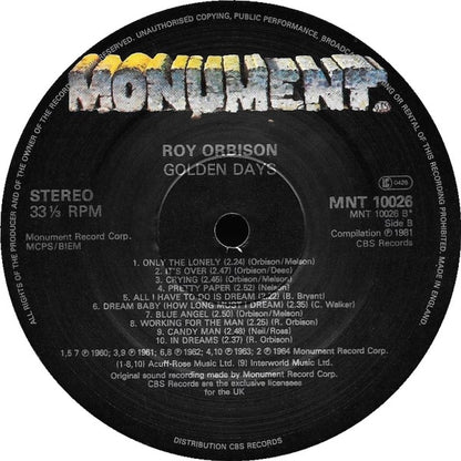 Roy Orbison : Golden Days (The Collection Of 20 All-Time Greats) (LP, Comp)