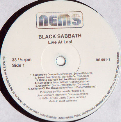 Black Sabbath : Live At Last (LP, Album, RE)