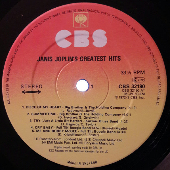 Janis Joplin : Janis Joplin's Greatest Hits (LP, Comp, RE)