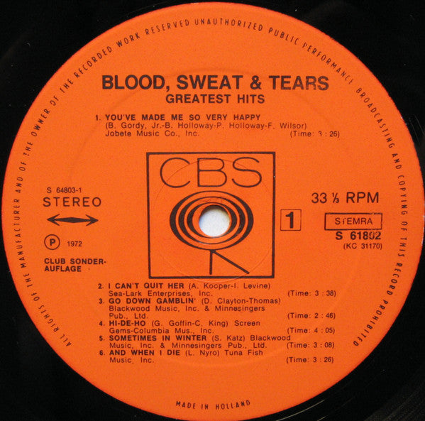 Blood, Sweat And Tears : Blood, Sweat & Tears Greatest Hits (LP, Comp, Club)