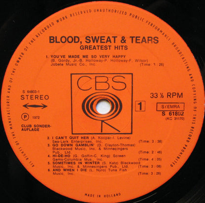 Blood, Sweat And Tears : Blood, Sweat & Tears Greatest Hits (LP, Comp, Club)