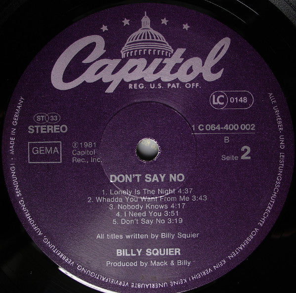 Billy Squier : Don't Say No (LP, Album)