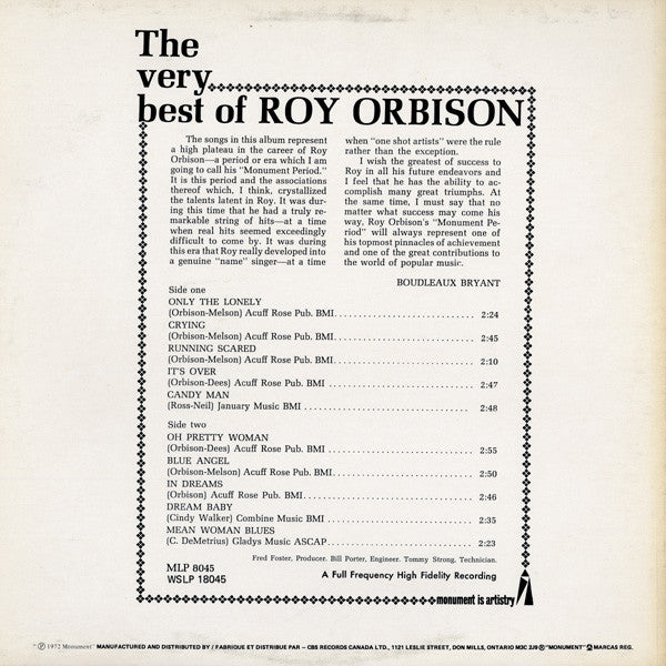 Roy Orbison : The Very Best Of Roy Orbison (LP, Comp, RE)