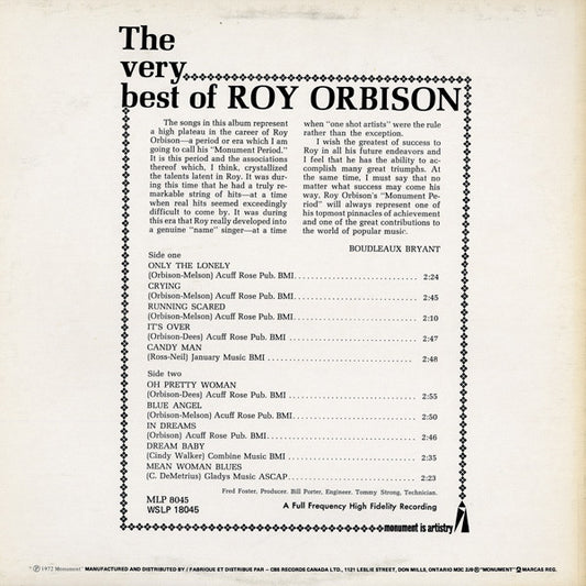 Roy Orbison : The Very Best Of Roy Orbison (LP, Comp, RE)