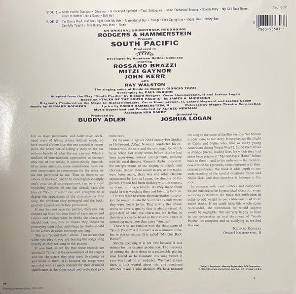Rodgers & Hammerstein : RCA Victor Presents Rodgers & Hammerstein's South Pacific (An Original Soundtrack Recording) (LP, Album, RE)