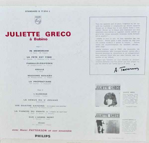 Juliette Gréco Avec Henri Patterson Et Son Ensemble : À Bobino (LP, Album, Mono)