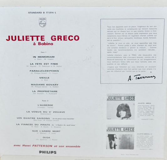 Juliette Gréco Avec Henri Patterson Et Son Ensemble : À Bobino (LP, Album, Mono)