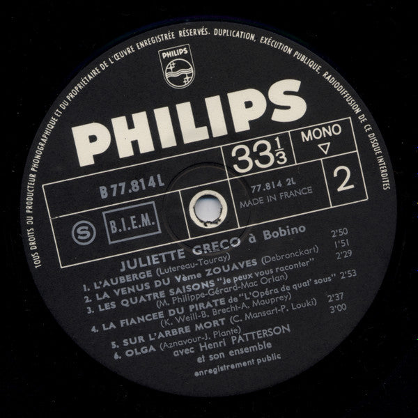 Juliette Gréco Avec Henri Patterson Et Son Ensemble : À Bobino (LP, Album, Mono)