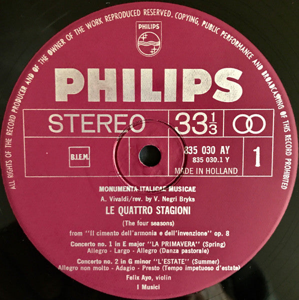 Vivaldi* - I Musici, Felix Ayo* : Le Quattro Stagioni (LP, Album, RP, 3rd)