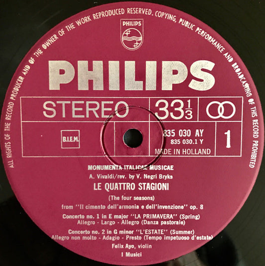 Vivaldi* - I Musici, Felix Ayo* : Le Quattro Stagioni (LP, Album, RP, 3rd)