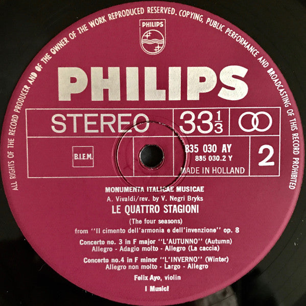 Vivaldi* - I Musici, Felix Ayo* : Le Quattro Stagioni (LP, Album, RP, 3rd)