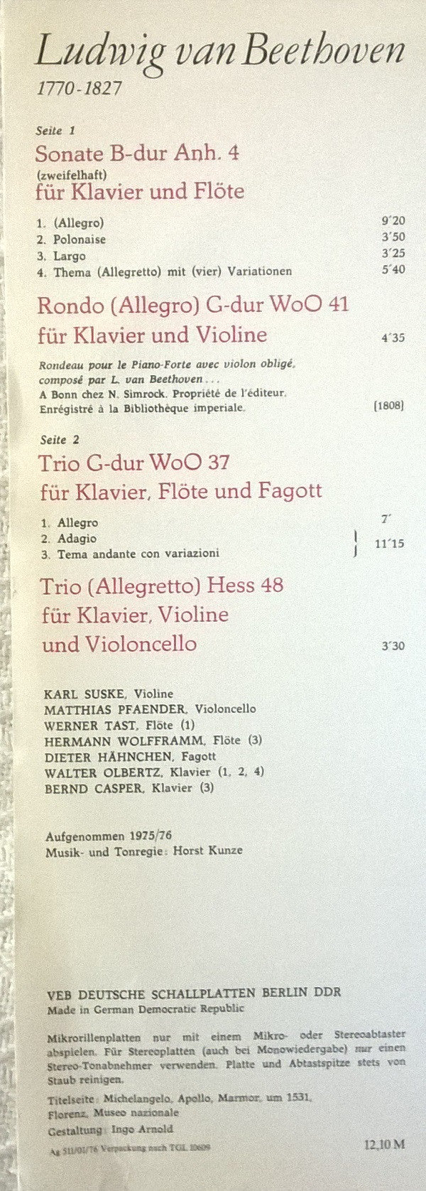 Ludwig van Beethoven, Tast* · Suske* · Olbertz*, Casper* · Hähnchen*, Wolffram* · Pfaender* : Flötensonate B-dur Anh. 4 / Violinrondo G-dur WoO 41 / Klaviertrios G-dur WoO 37 / Es-dur Hess 48 (LP)