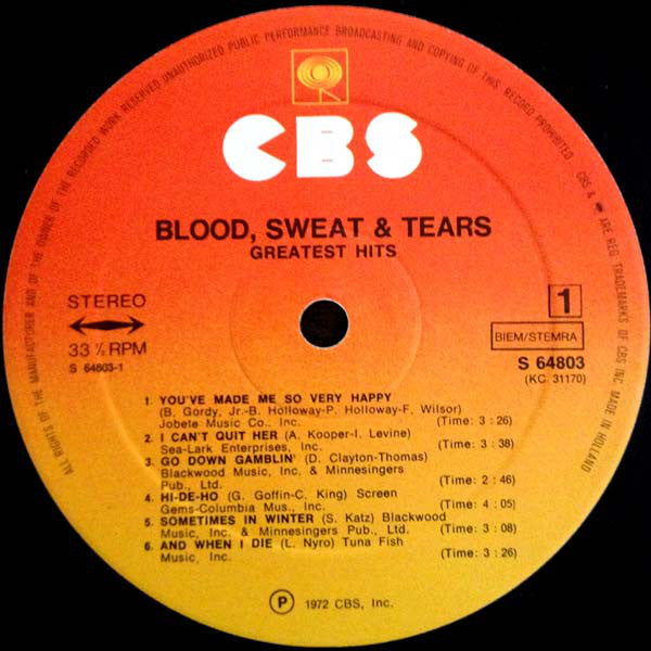 Blood, Sweat And Tears : Blood, Sweat & Tears Greatest Hits (LP, Comp, RE)