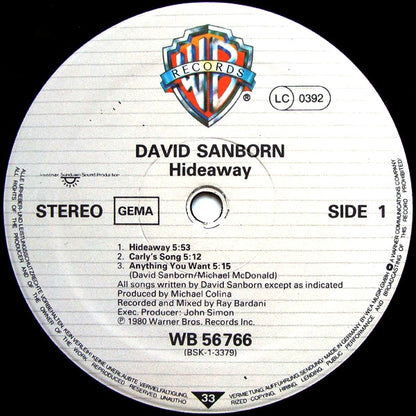 David Sanborn : Hideaway (LP, Album, RE)
