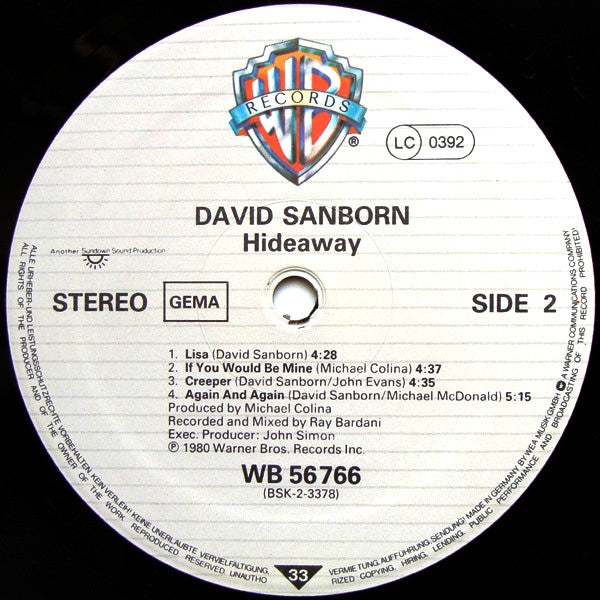 David Sanborn : Hideaway (LP, Album, RE)