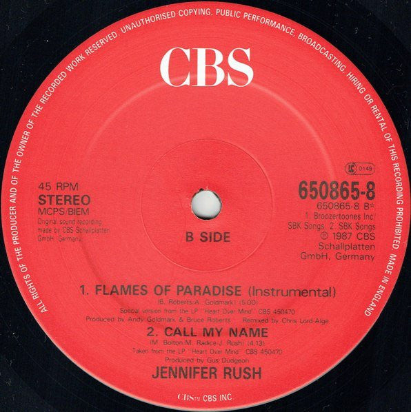 Jennifer Rush Duet With Elton John : Flames Of Paradise (Extended Version) (12", Single)