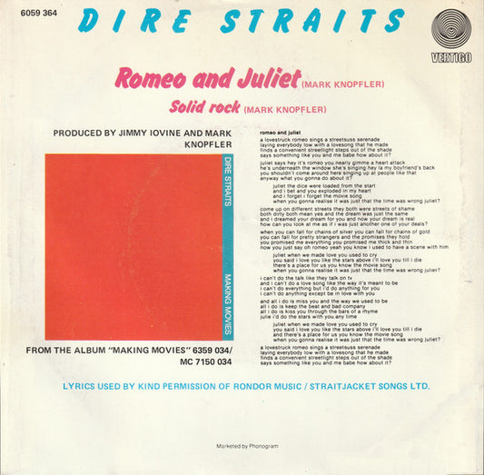 Dire Straits : Romeo And Juliet (7", Single)