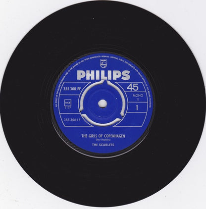 The Scarlets : The Girls Of Copenhagen / I Do Not Wanna Cry Anymore (7", Single, Mono)