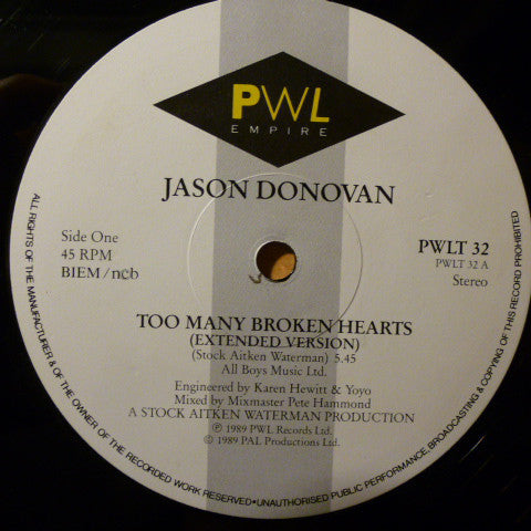 Jason Donovan : Too Many Broken Hearts (12")
