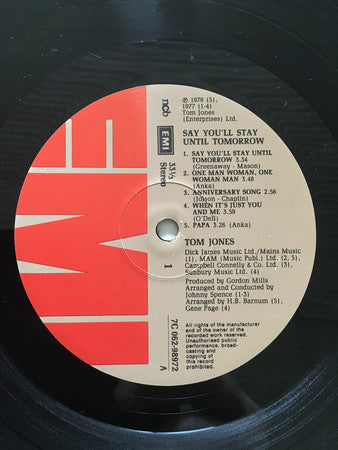 Tom Jones : Say You'll Stay Until Tomorrow (LP, Album)