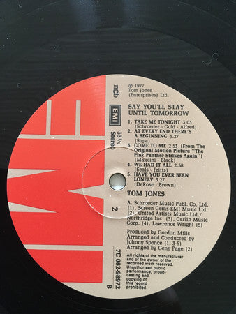Tom Jones : Say You'll Stay Until Tomorrow (LP, Album)