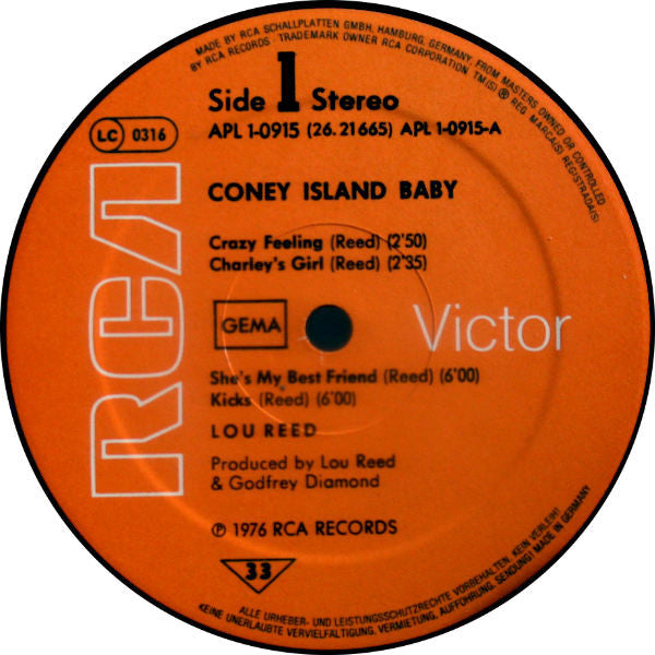 Lou Reed : Coney Island Baby (LP, Album, RP)
