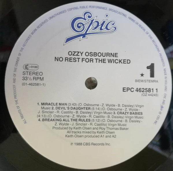 Ozzy Osbourne : No Rest For The Wicked (LP, Album)