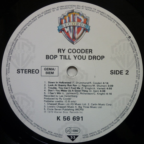 Ry Cooder : Bop Till You Drop (LP, Album, RE)