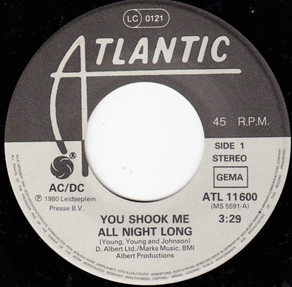 AC/DC : You Shook Me All Night Long (7", Single)