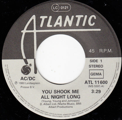 AC/DC : You Shook Me All Night Long (7", Single)