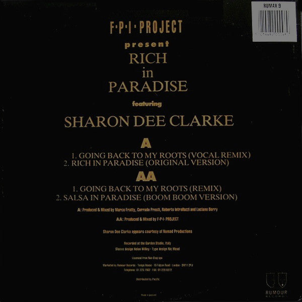 F.P.I. Project* Featuring Sharon Dee Clarke : Rich In Paradise "Going Back To My Roots" (Vocal And Instrumental Remixes) (12")