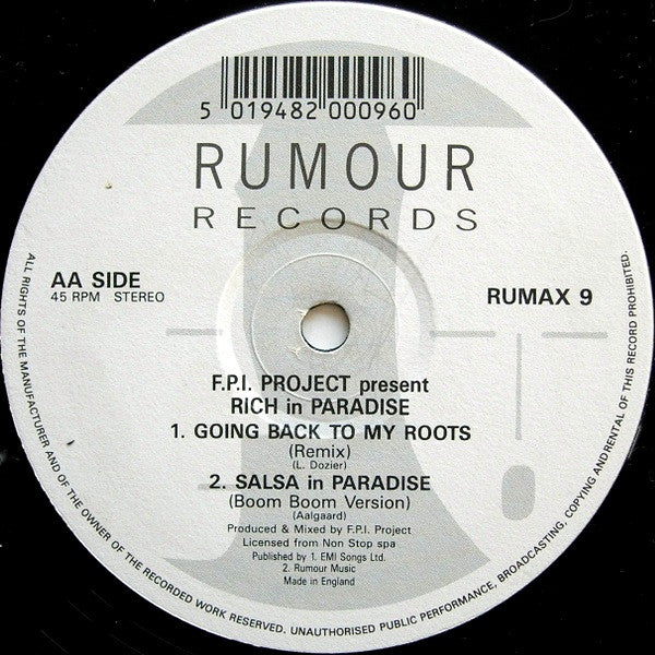 F.P.I. Project* Featuring Sharon Dee Clarke : Rich In Paradise "Going Back To My Roots" (Vocal And Instrumental Remixes) (12")