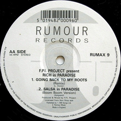 F.P.I. Project* Featuring Sharon Dee Clarke : Rich In Paradise "Going Back To My Roots" (Vocal And Instrumental Remixes) (12")
