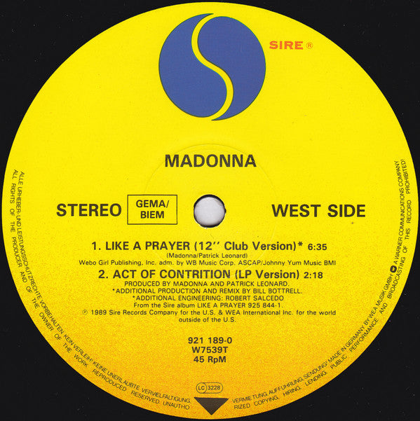 Madonna : Like A Prayer (12", Single, EMI)