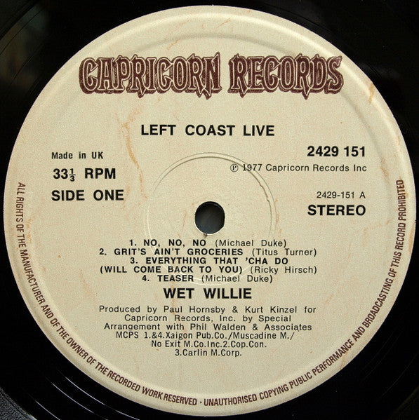 Wet Willie : Left Coast Live (LP, Album)