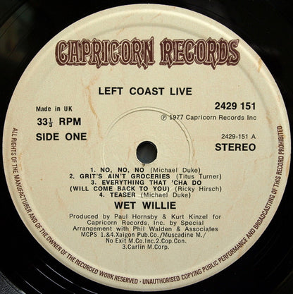 Wet Willie : Left Coast Live (LP, Album)