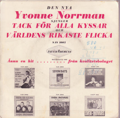 Yvonne Norrman : Tack För Alla Kyssar / Världens Rikaste Flicka (7", Single)